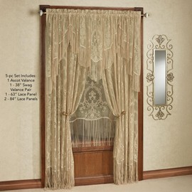 Queen's Lace Fringed Window Treatment | Antique Gold | Traditional Medallion Motif Polyester Lace with Long Self-Fringed Edges | 5-pc Set: Ascot Valance, 38L Swag Pair, 1-63L Panel, & 2-84L Curtains