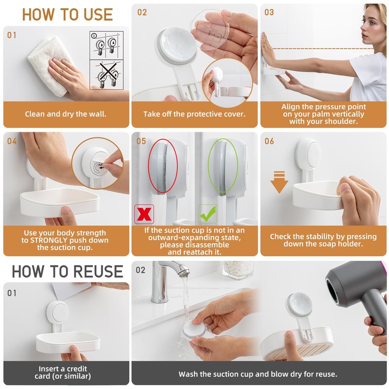 LEVERLOC Soap Dish Holder for Shower Suction Cup Wall Mounted