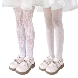 LOLANTA Girls Lace Tights Kids Sheer Patterned Fishnet Stockings 2 Pack White Hollow Dance Pantyhose 8-12Years