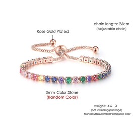 YUNCHONGuk Rose Gold Bracelet for Women,Colorful Tennis Bracelet for Women,Crystal Slider Bracelet,4mm Cubic Zirconia Adjustable Bracelet,Christmas Jewellery Gifts for Women Lady Girls
