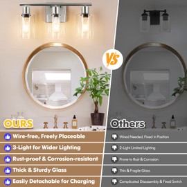 Battery Operated Wall Sconce, 3-Light Dimmable Rechargeable Vanity Light Fixture with Remote & Bulbs, 3-Light Silver Wireless Indoor Non-Hardwired Wall Lamp for Bedroom, Living Room, Cabinet, Porch