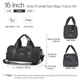 PHSYNI Compact Sports Gym Bag for Women and Men, Cute Mini Duffle Bag with Wet Pocket & Shoes Compartment, Personal Item Travel Workout Bag, 16"-Small, Black