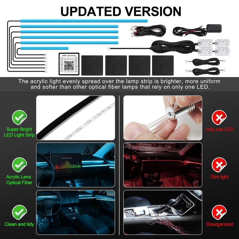 Acrylic Interior Car LED Strip Light with Wireless APP, RGB