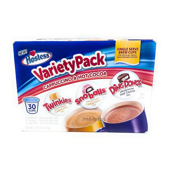 Hostess Variety Pack Cappuccino and Hot Cocoa 30 Single Serve Brew Cups Twinkies Snoballs Ding Dongs