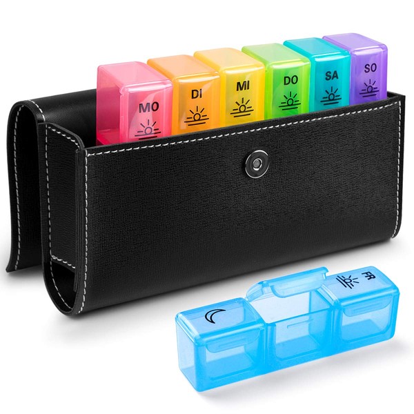 Pill Box 7 Days German – Bug Hull Medicine Box Pill Box Morning Lunch Evening Travel with PU Leather (Tablet Box 7 Days 3 Compartments)