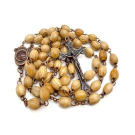 Nazareth Store Olive Wood Beads Rosary Necklace Catholic Holy Mary Medal Bronze Cross Crucifix Vintage Design Rosario Catholico in Velvet Bag 20"