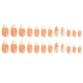 24Pcs Medium Almond Fake Nails Nude White Flower French Tip Medium Press On Nails with Designs Full Cover Glossy False Nails,Acrylic Thick Glue on Nails, Stick on Nails For Women Daily Events YLW888