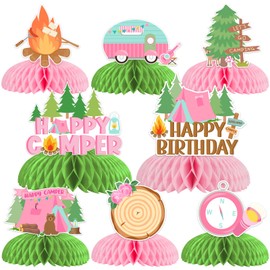 JOYMEMO 8 Pieces Camping Birthday Honeycomb Centerpieces, Campfire Birthday 3D Table Decorations for Girl, Let’s Go Camping Welcome Camper Happy Birthday Table Toppers, Birthday Photo Props
