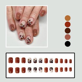24 Pcs Short Brown Press on Nalis Square - YIHONGYAN Fake Nails Press ons Arcylic Glossy Full Cover False Nails with Maple Leaf Glue Nail AUTUMN Glitter Glue on Nails Nail Art Tip for Women Manicure