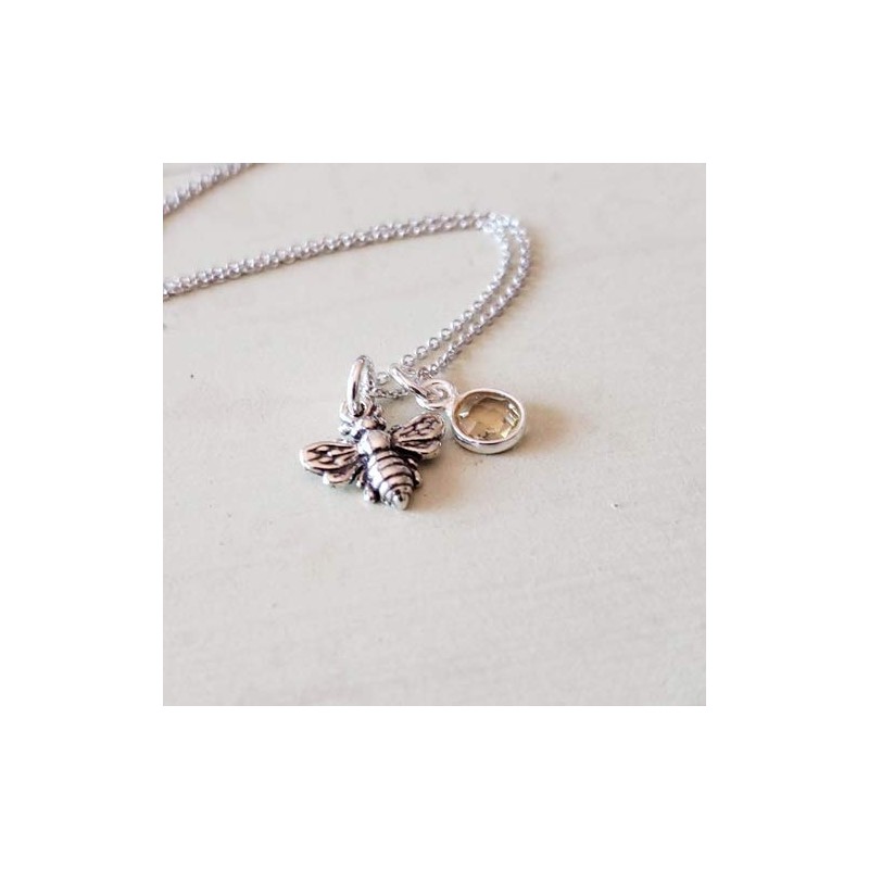 Sterling Silver Tiny Bee Charm with Honey Drop Necklace, 18"