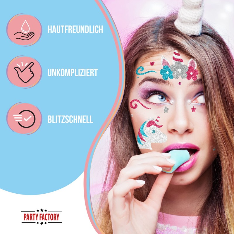 Party Factory Face Tattoo, Unicorn, Temporary Glitter Face Tattoo for