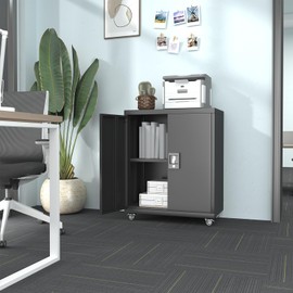 GREATMEET Garage Cabinets with Wheels, Small Black Storage Cabinet with Doors and Adjustable Shelves，Locking Metal Garage Storage Cabinets, Rolling Storage for Garage Home Office Utility Room