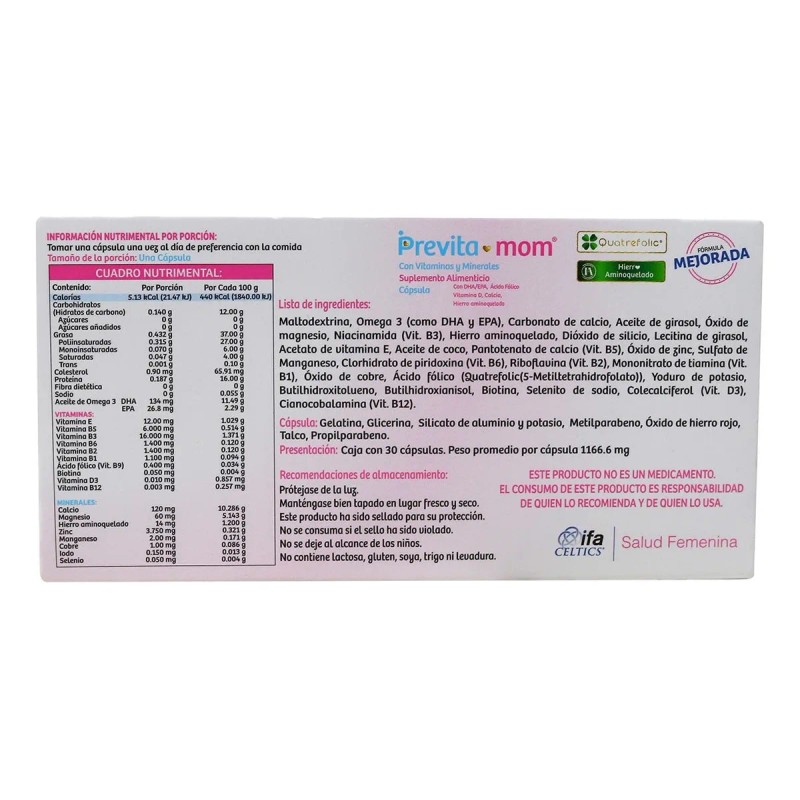 Suplemento Alimenticio Previta Mom Caja C/30 Cáps D/1166.6mg