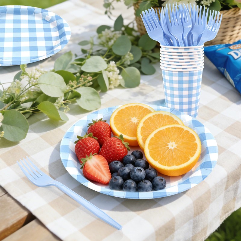 150PCS Blue Gingham Disposable Party Tableware Set for 30 Guests