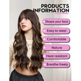 WOKESTAR Long Dark Brown with Highlights Wigs for Women Synthetic Hair Wavy Wig with Fringe