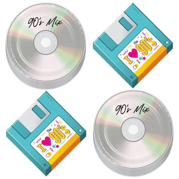 90's Party Supplies - 90's Mix CD Paper Dessert Plates and Floppy Disk Beverage Napkins (Serves 16)