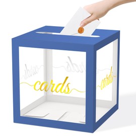 QISOLIY Navy Blue Clear Gold Card Box for Party 8.7" Wedding Card Boxes for Reception Holder Money Box for Birthday, Baby Shower, Bridal Shower, Graduation, Retirement, Anniversaries Party Decoration