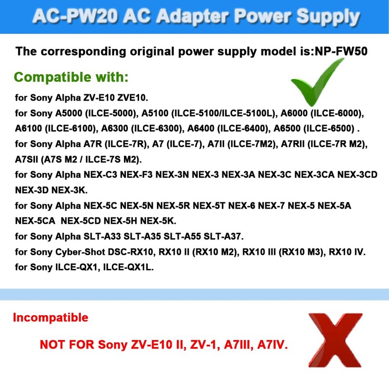 TKDY NP-FW50 ZV-E10 Dummy Battery and AC-PW20 Continuous Power Supply