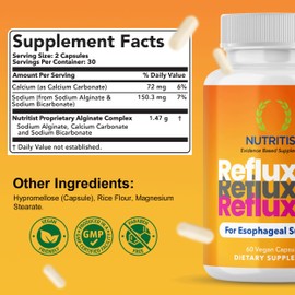 Nutritist Refluxter Sodium Alginate Capsules – Natural Acid Reflux & GERD Relief Supplement. Supports LPR, Silent Reflux, Heartburn, Indigestion. Alginate Therapy. Alginato de Sodio. Made in USA