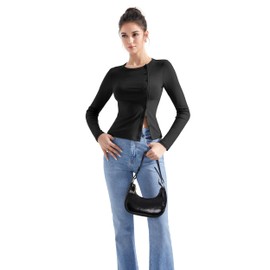 SUUKSESS Women Button Down Ribbed Tops Long Sleeve Trendy Going Out Fitted Modal Shirts for Fall (Black, XL)