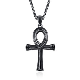 KATHLU Ankh Cross Necklace for Men Women 925 Sterling Silver Amulet egyptian Spiritual Charm Coptic Key of Life Cross Pendant Gift Black