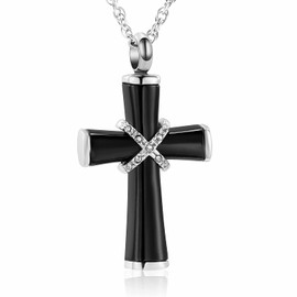 shajwo Cremation Jewelry Cross Urn Necklaces for Ashes Crystals Keepsake Memorial Locket Pendant Ash Holder for Human Pet,Black-Crystals