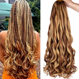 COOKOO 9 Packs Pre Stretched French Curls Bouncy Braiding Hair 22 Inch Mix Blond and Brown Spiral Curls Braid Hair with Curly Ends Spanish Curly Braiding Hair Loose Wavy Synthetic Hair Extensions for Black Women 27M30#