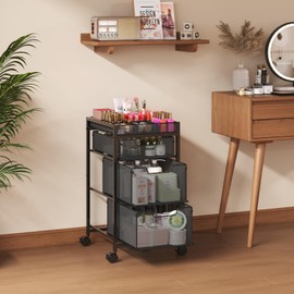 JKsmart Rolling Makeup Cart Organizer with 3 Drawers, Cosmetics Display with Dividers, Floor Skincare Storage with Wheels, Versatile Vanity Organizer for Nail Polish Perfume Brush Hair Tool, Black