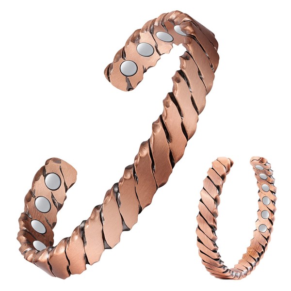 Feraco Copper Bracelets for Men for Arthritis & Joint Pain Relief, 12X Strength Wide Pure Copper Magnetic Bracelet for Men with Neodymium Magnets, Adjustable Cuff Bangle with Giftable Box (Woven)