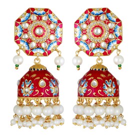 Aheli Unique Wedding Festive Party Wear Flower Enamel Indian Jhumki Faux Stone Studded Drop Dangle Earrings Ethnic Fashion Jewelry Gift for Women