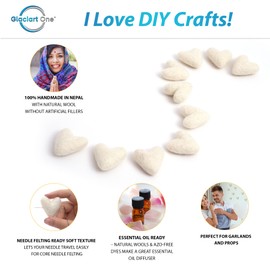 Glaciart One White Felted Hearts - 1.5” (10 Pcs) - Needle Felting - Needle Felting & Essential Oils Ready - Handmade in Nepal Using 100% Natural New Zealand Wool, for Art Projects & Valentines Decor