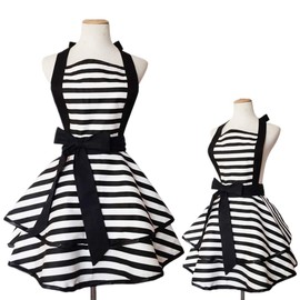 Violet Mist 2 Pack Cute Vintage Matching Aprons for Women Girls Black Striped Retro French Maid Apron Adjustable Parent and Child Apron Lovely Ruffle Kitchen Cooking Mommy and Me Matching Set Gifts