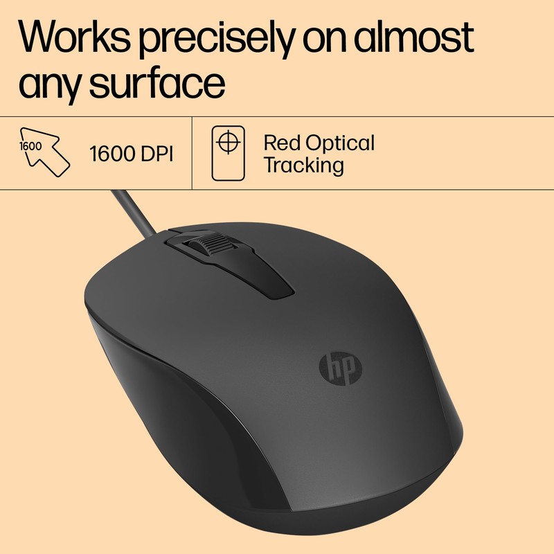 HP 150 Wired Mouse, 1600 DPI Sensor, Ergonomic Left/Right Mouse