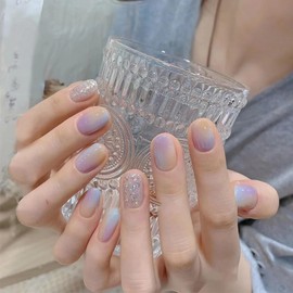 Nail Tip, Short, Round, 24 Pieces, Nail Tip, Purple, Silver Foil, False Nails, Popular, Japanese Style, Cute, Simple, Fashionable Party, Autumn, Spring, Summer, Daily Life, Bridal Nail Tip, Coming of