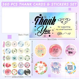 zheyistep 360Pcs Thank You Cards and Stickers Set, 180 Holographic Thank You Cards, 20 Thank You Stickers for Small Business 160 Inspirational Stickers for Thank You Gift Cards