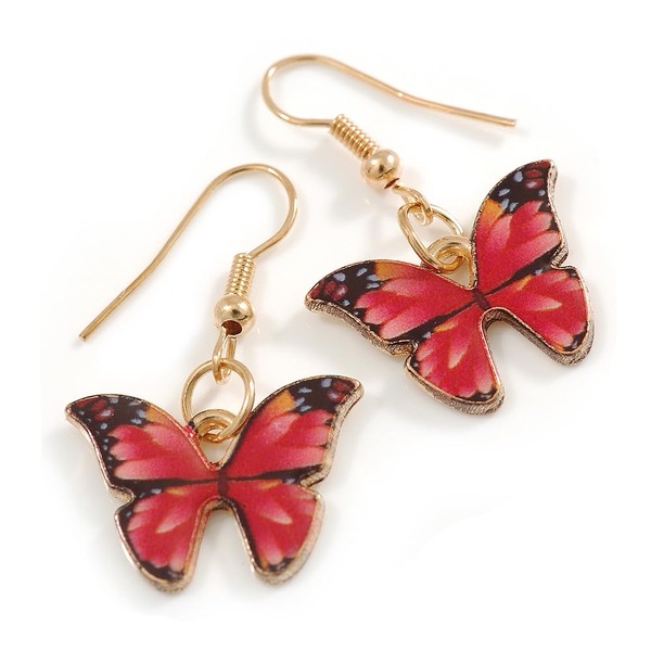 Small Butterfly Drop Earrings in Gold Tone (Red Colours) -