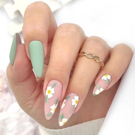 24PCS Floral Almond Press on Nails Set, French Tip & Green Nails with White Flower Print, Medium Length Stick-on Fake, Include Accessory Tools for DIY Manicure for Girls