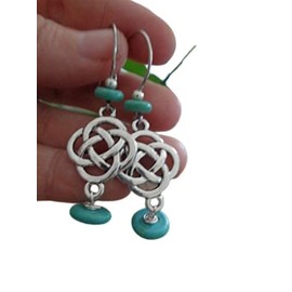 KELTISCHER KNOTEN & TÜRKISE HOWLITE RONDELLE einmalige, lange Haken Ohrringe