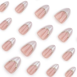 French Tip Press On Nails Short Almond Fake Nails With 3D Gold Lines Design Nude False Nails Glossy Glue On Nails Reusable White French Acrylic Nails Full Cover Nail Tips For Women 24pcs