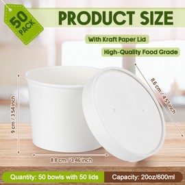 50 Pack 20 Oz Paper Soup Containers with Lids, Kraft White