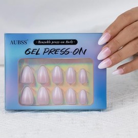 AUBSS Press On Nails Short, Ombre Sweetness Pink White Almond Fake Nails, Reusable Stick On Acrylic False Nails, 15 Sizes 30 Nail Kit