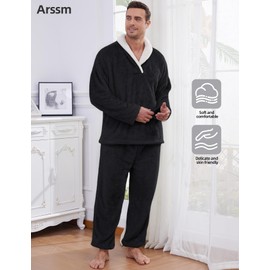 Arssm Mens Fluffy Pajamas Set 2 Piece Fleece Pjs Loose Plush Winter Warm Cozy Loungewear Sleepwear(Black-L)