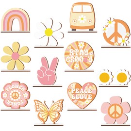 Pinkunn 12 Pcs Groovy Party Decorations Two Groovy Party Favors Bohemian Wooden Centerpieces for Tables Retro Hippie Table Decoration Rainbow Boho Daisy Table Topper for 60s 70s Birthday Baby Shower