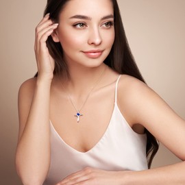 NINAMAID Cross Necklace for Women, 925 Sterling Silver Birthstone Necklace for Women Diamond Cross Necklace Birthstone Jewelry Birthday Gifts for Women