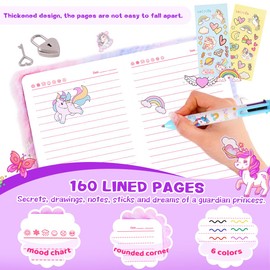 ENYILEE Cat Diary for Girls with lock and keys, Kids Journal School Travel Notebook Gift Set for Writing and Drawing,Multicolored Pen, Stickers, Birthday Gift for Girls ages 6-8