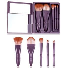 JIEYAO 5 Pcs Travel Makeup Brush Set, Mini Cosmetic Brushes Kit with Hard Case and Built-in Mirror, On the Go Make Up Brush Complete Function Cosmetic Brushes Travel Essentials kits for Women(Purple)
