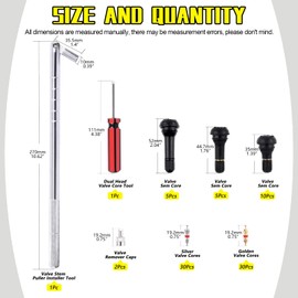 Mardatt 79 Pcs Tire Valve Stem Tool Puller and Installer Kit, TR412 TR413 TR414 Snap-in Valve Stems & Caps with Pure Copper Valve Stem Cores, Single Head Valve Core Remover