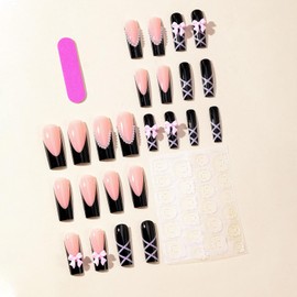 24Pcs Black Coffin Nails Press on Nails French Tip False Nails with 3D Bow Pearl Nail Charms Design Long Fake Nails Acrylic Nails Supply Glossy Glue on Nails Cute Full Cover Stick on Nails for Women