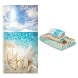 Naanle Beautiful Summer Caribbean Beach Starfish Shells Soft Luxury Decorative 3 Pieces Towels Set, 1 Bath Towel+1 Hand Towel+1 Washcloth, Multipurpose for Bathroom, Hotel, Gym, Spa and Beach