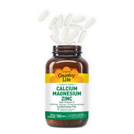 Country Life Country Life Calcium Magnesium Zinc with Vitamin D3 and L-Glutamic Acid, Dietary Supplement for Bone Support, Certified Gluten Free, 1000mg/500mg/25mg, 180 Tablets
